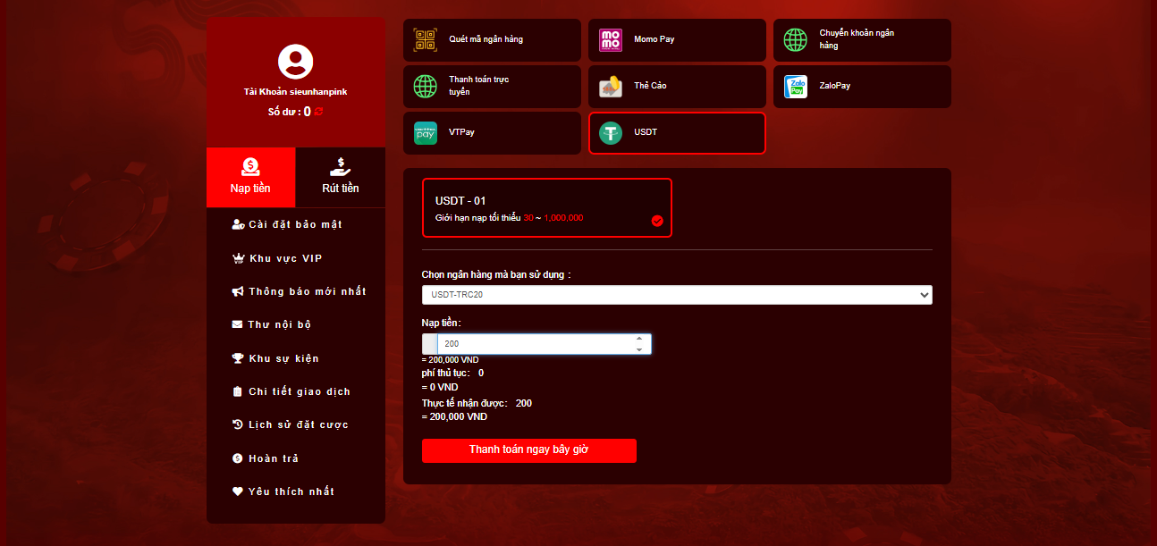 Hướng dẫn nạp tiền OKKING nhanh chóng, bảo mật tuyệt đối 5 Nạp tiền thông qua USDT